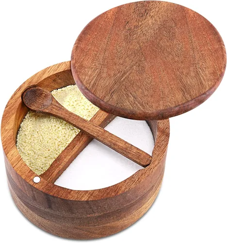 Miniatura 6 de Cuenco de Madera de Acacia para Sal y Pimienta, Salero de Madera Natural y Caja de Almacenamiento de Especias con Cuchara Incorporada y Tapa