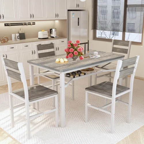 Miniatura 2 de Juego de mesa de comedor Hooseng para 4, juego de mesa y sillas de cocina de madera con almacenamiento, juego de mesa de comedor de 5 piezas