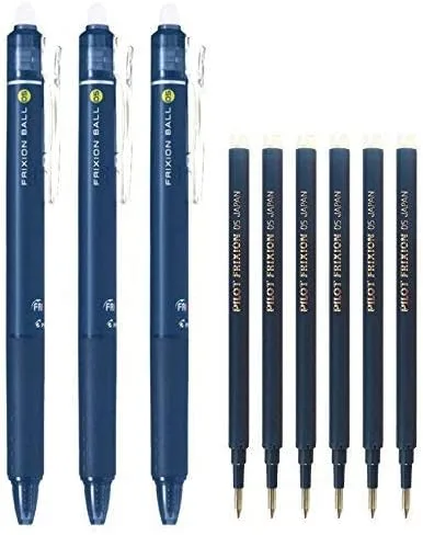 Pilot FriXion Ball Knock - Bolígrafos retráctiles de tinta de gel borrable, punta extrafina de 0.020 in, tinta azul negra, 3 bolígrafos y 6 recambios