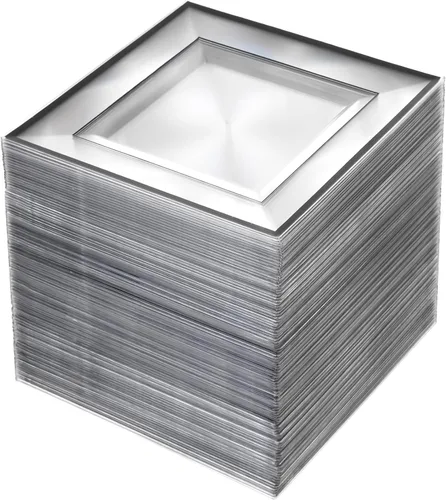 Miniatura 16 de bUCLA 100 platos cuadrados negros de plástico con borde dorado – Platos desechables de postre/aperitivo / pequeños pasteles de 6 pulgadas para Negro