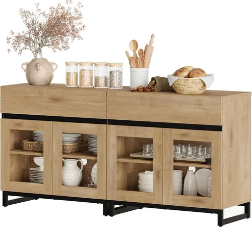 Miniatura 26 de WAMPAT - Gabinetes de aparador con puertas de vidrio, aparador moderno con estante ajustable, gabinete de almacenamiento para barra de café