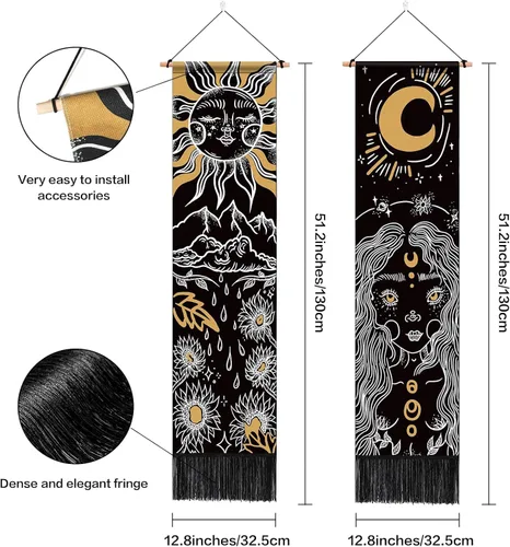 Miniatura 7 de ARTCREATOR Paquete de 2 tapices de sol y luna para colgar en la pared, tapiz estético vertical, arte misterioso, tapices largos para habitación