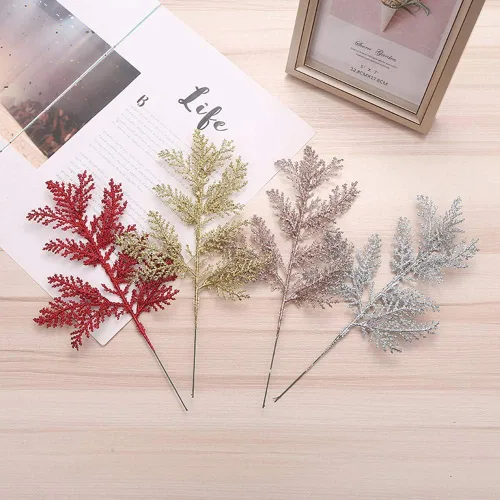 Miniatura 3 de DULRLLY 10 púas artificiales de hojas de Navidad, ramas de árbol de imitación doradas, adorno de árbol de Navidad, espray de hojas con purpurina