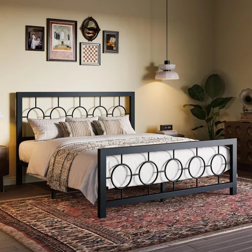 Miniatura 3 de SHA CERLIN Marco de cama de metal tamaño Queen con cabecero y estribo de diseño circular vintage, no requiere somier, fácil montaje, sin ruido, Negro