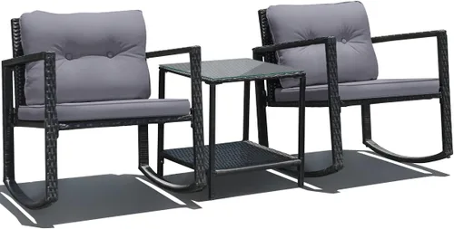 Miniatura 10 de RELAX4LIFE Juego de sillas mecedoras para exteriores, juego de 3 piezas de mimbre de polietileno con mesa de cojines y estante de almacenamiento