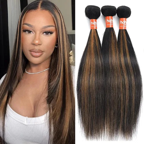 Miniatura 10 de Extensiones de cabello humano marrón con reflejos de Haha con cierre, extensiones lisas con cierre ombre, extensiones de cabello humano con cierre