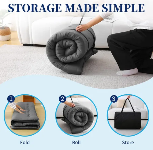 Miniatura 9 de Colchón de futón japonés – Colchón grueso de color gris, colchoneta plegable de tatami de 5 capas con bolsa de almacenamiento y correas, colchones
