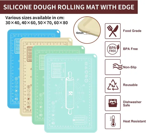 Miniatura 3 de Tapete de Silicona para Hornear, Almohadilla Extra Gruesa para Extender Masa con Medidas y Elevación de Bordes, Tapete de Repostería de Silicona