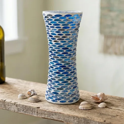 Miniatura 8 de Jarrón de mosaico de escamas de pez azul marino profundo de 11.6 pulgadas de alto, exquisito jarrón de vidrio alto hecho a mano, centro de mesa