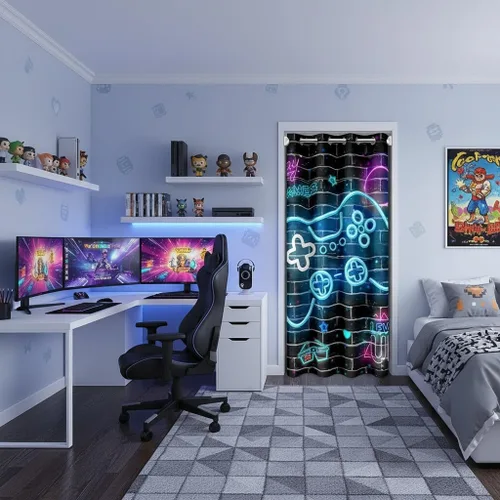 Miniatura 27 de Castle Fairy Cortina de puerta con estampado de consola de videojuegos de dibujos animados para privacidad de puerta, cortina geométrica de panal