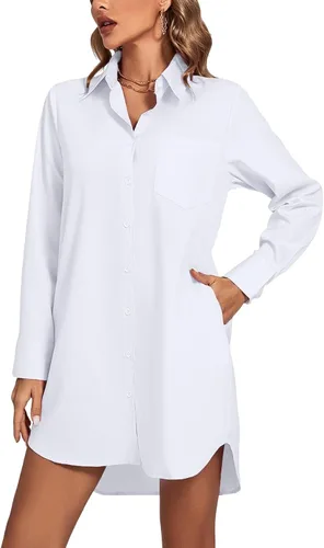 Miniatura 13 de LYANER Vestido camisero para mujer con cuello en V, botones, manga larga y dobladillo curvado