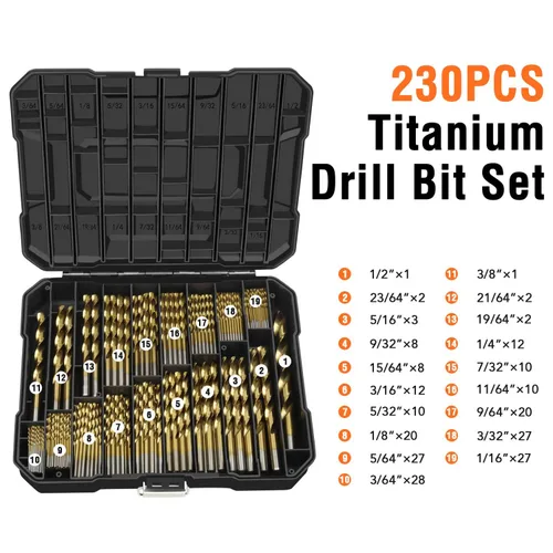 Miniatura 3 de ENERTWIST Juego de brocas de titanio para metal y madera de 230 piezas - HSS recubierto con punta convencional de 118 grados desde 3/64 pulgadas