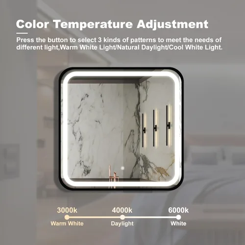 Miniatura 4 de 32 * 32 inch Bathroom Led Classy Vanity Mirror with High Lumen,Black Metal Frame,Dimmable Touch,Wall Switch Control, Anti-Fog,CRI 95 Adjustable