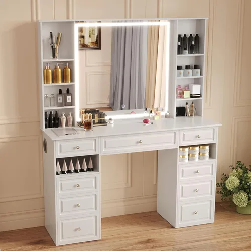 Miniatura 6 de Escritorio de tocador con espejo y luces, escritorio de maquillaje con caja de máscara facial, tocador con altavoz Bluetooth, juego de tocador