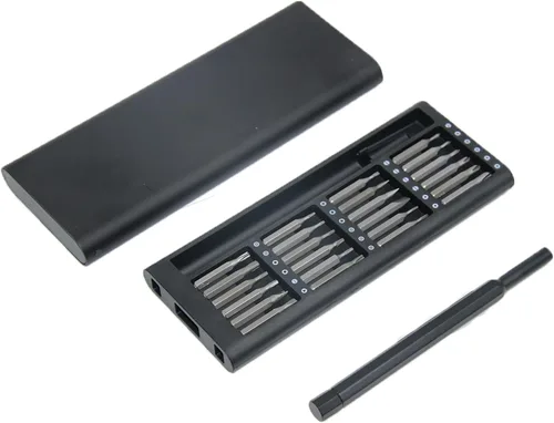 Kit de destornilladores de precisión con funda magnética de aleación de aluminio de empuje para abrir, 24 puntas para teléfono, computadora, reloj,