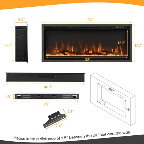 Miniatura 4 de Tangkula Chimenea eléctrica de 42 pulgadas empotrada en la pared, montada en la pared e independiente, calentador lineal de chimenea de 750 W/1500 W