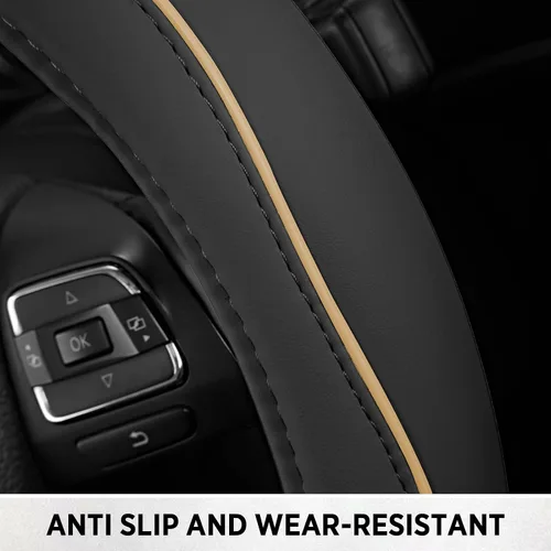 Miniatura 7 de Road Comforts Funda de cuero para volante con ribete decorativo y ribetes, diseño antideslizante y transpirable, se adapta a volantes redondos