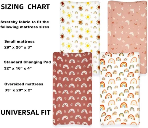Miniatura 7 de 4 paquetes de sábanas de guardería estilo bohemio - Diseño de sol y arcoíris, sábanas ajustadas neutras para cambiador de bebé unisex para bebés