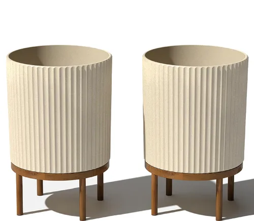 Miniatura 62 de Veradek Demi Series - Maceta redonda con soporte para porche o patio, compuesto de piedra de plástico duradero y soporte de madera, decoración