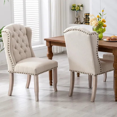 DUOMAY Juego de 2 sillas de comedor modernas copetudas, sillas de comedor tapizadas de lino, sillas auxiliares sin brazos para cocina, comedor, Beige