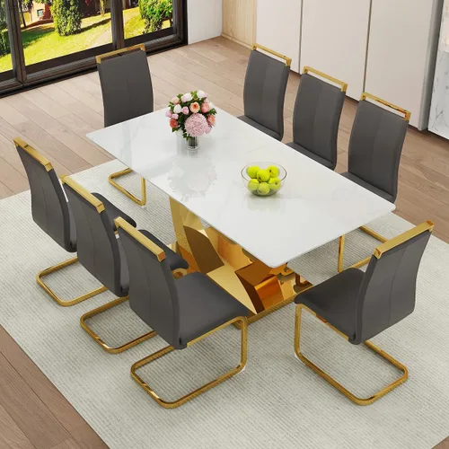 Miniatura 39 de Juego de Mesa de Comedor Negra para 6, Mesa de Comedor de Mármol Falso de 71" para 6, Juego de Mesa de Cocina Rectangular con Sillas de Cuero PU