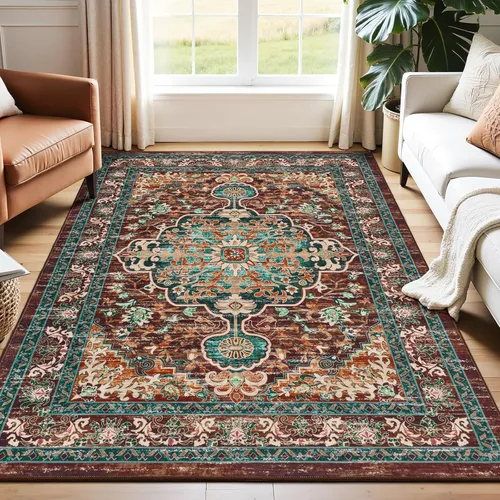 Miniatura 12 de U'Artlines Alfombra de Área Bohemia Lavable, 2x3 Pequeña Suave Antideslizante Vintage Felpudo para Puerta Frontal Interior Alfombra Verde