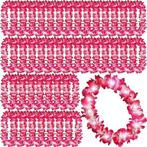 Miniatura 13 de Sherr 48 piezas Collares de leis hawaianas LED con luces LED, collares de flores de Luau para mascarada, playa, boda tropical, suministros