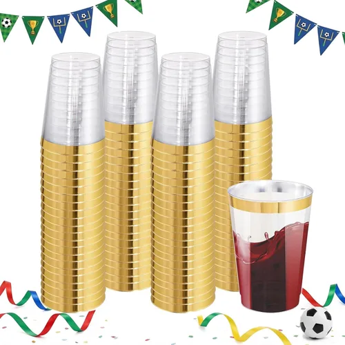 I00000 Paquete de 100 unidades de vasos de plástico dorado de 12 onzas, vasos desechables con borde dorado, vasos de vino desechables y copas de