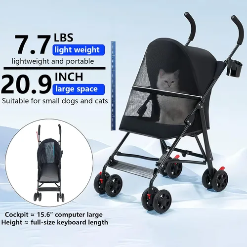 Miniatura 5 de Cochecito para mascotas con ventilación de malla, diseño plegable ligero, portavasos, negro