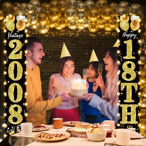 Miniatura 6 de Cartel de fiesta de cumpleaños número 18 con luces LED para hombres y mujeres - Carteles de puerta de cumpleaños número 18 en negro y dorado vintage