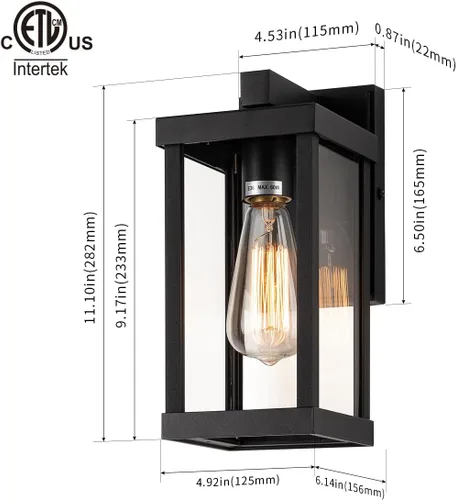 Miniatura 2 de mirrea Aplique de pared clásico para exteriores de 11 pulgadas, marco de metal rectangular negro mate y pantalla de vidrio transparente, luz