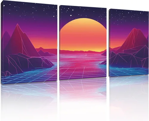 Rubelike Vaporwave Canvas Wall Decor, Retro Sci-Fi Landscape Picture, Abstract Sunset Poster, Geometric Art for Living Room Bedroom Music Room (12"