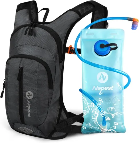 Nepest Hydration Pack Backpack for Women & Men, Lightweight Water Backpack with 2L Water Bladder for Hiking Cycling Running Biking Gris-oscuro