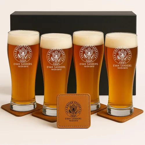 Juegos Personalizados Militares - Decantador Grabado Personalizado y 4 Vasos de Scotch - Ejército, Marina, Fuerza Aérea, Guardia Costera - Servicio