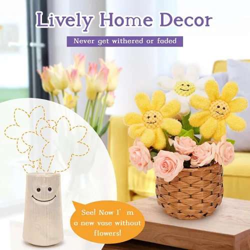 Miniatura 7 de Tezituor 3 piezas de peluche de flores con jarrón suave, ramo de tela de animales de peluche de margaritas de 14 pulgadas, regalo para niñas, novia