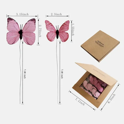 Miniatura 5 de Paquete de 12 decoraciones de mariposa, decoración de estacas de mariposa 3D, 2 tamaños de adorno de mariposa para el hogar, flores falsas