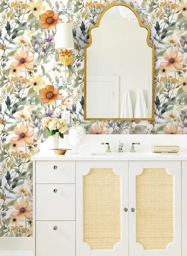 Miniatura 6 de Guvana Papel tapiz floral de 78.7"×16.14" amarillo/naranja despegar y pegar, papel de contacto floral bohemio, papel de pared removible