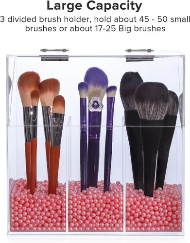 Miniatura 3 de LOHRYVIO Soporte acrílico para brochas de maquillaje con tapa abatible inclinada, organizador de brochas de maquillaje transparente a prueba