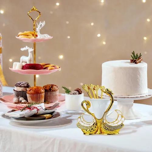 Miniatura 2 de Juego de cucharas con base de cisne dorado, cubiertos decorativos de cisne con 6 cucharas, cucharas de café, organizador para postres, helado