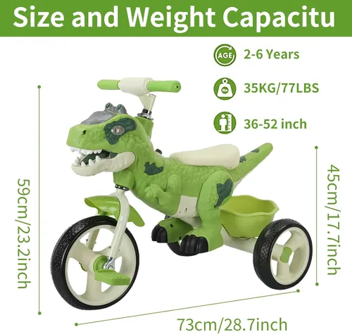 Miniatura 3 de Triciclo de dinosaurio para niños, triciclo para niños pequeños, rueda grande con música, cesta de almacenamiento, bicicleta para niños preescolares