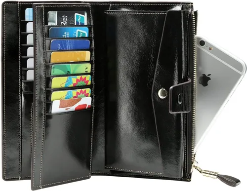 Miniatura 29 de Itslife - Cartera de piel sintética encerada para mujer con bloqueo de identificación de radio frecuencia (RFID), de gran capacidad, encerada