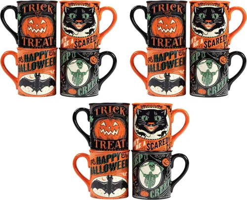 Miniatura 7 de Juego de 4 tazas de Halloween – Tazas de café de cerámica espeluznantes con diseños vintage de truco o trato – gato negro, esqueleto, calabaza