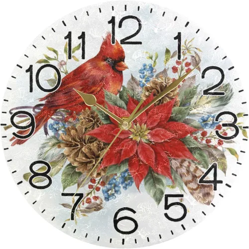 Miniatura 5 de Reloj de pared con diseño de flor de pascua de Navidad y pájaro de invierno, funciona con pilas, sin tictac, silencioso, de cuarzo, analógico, Flor