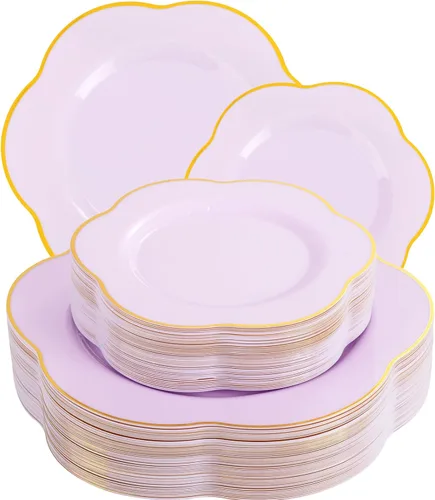 Miniatura 8 de Liacere 100 platos de plástico dorados, platos desechables de purpurina dorada para aperitivos, platos de ensalada/postre de plástico de alta