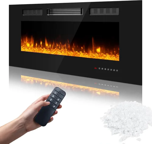 Miniatura 11 de Chimenea eléctrica de 36 pulgadas, chimenea eléctrica montada en la pared con control remoto y temporizador, chimeneas calefactoras de bajo ruido