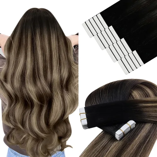 Miniatura 32 de YoungSee - Extensiones de cabello humano con cinta adhesiva, color negro ombre, extensiones de cabello humano real, cinta adhesiva invisible