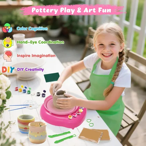Miniatura 5 de TingingYuli Rueda de alfarería para niños, kit completo de alfarería y herramientas para principiantes, juguetes de artes y manualidades para niños