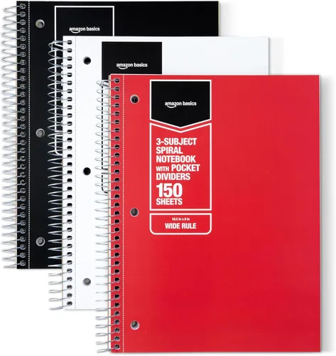 Amazon Basics Cuaderno espiral con rayas anchas para universidad, 3 materias con divisor de bolsillo, 150 hojas, 10.5 x 8 pulgadas, colores Colores