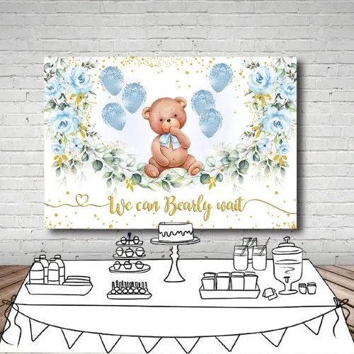 Miniatura 4 de MEHOFOND Fondo de fiesta de baby shower de oso de 7 x 5 pies, fondo azul floral para fotografía, puntos dorados con purpurina, globos azules bebé