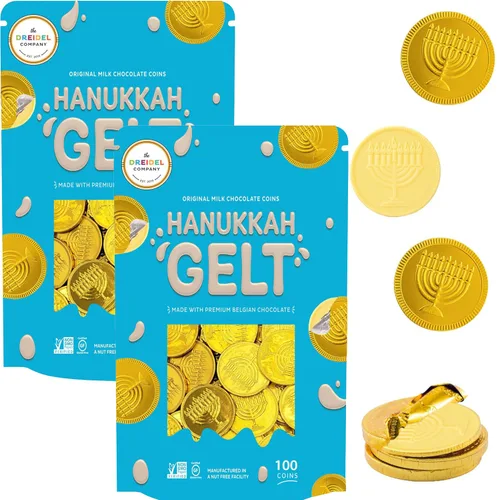 The Dreidel Company Monedas de chocolate con leche blanca, paquete de 200 monedas de papel de aluminio dorado con diseño de Hanukkah Gelt, Menorá y